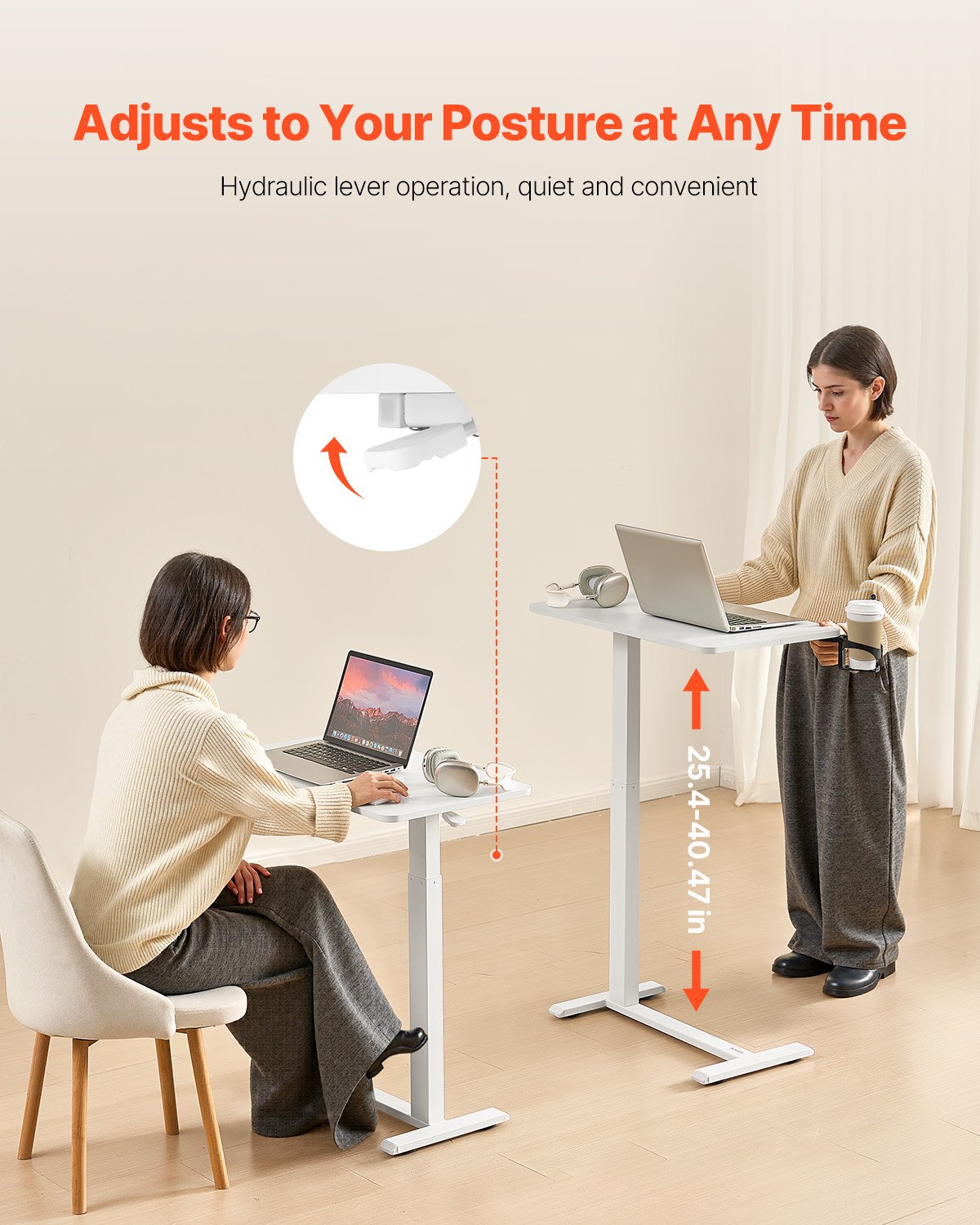 Overbed Table, Mobile Bed Side Table with 4 Hidden Wheels, Height Adjustable Rolling Laptop Desk with Cup Holder, Portable Particleboard Over Bed Desk for Home, Office, Study, White