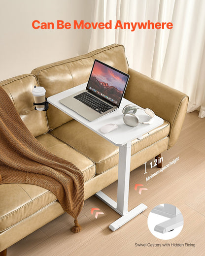 Overbed Table, Mobile Bed Side Table with 4 Hidden Wheels, Height Adjustable Rolling Laptop Desk with Cup Holder, Portable Particleboard Over Bed Desk for Home, Office, Study, White