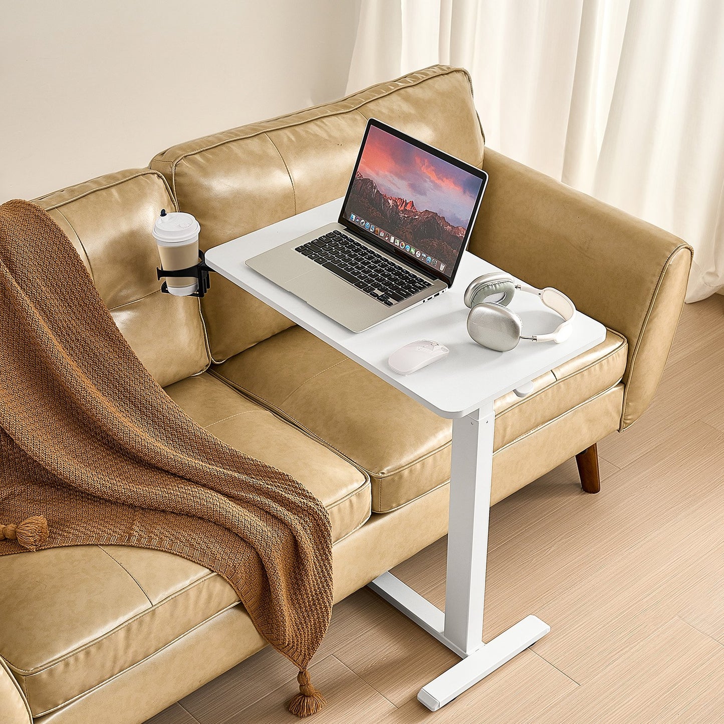 Overbed Table, Mobile Bed Side Table with 4 Hidden Wheels, Height Adjustable Rolling Laptop Desk with Cup Holder, Portable Particleboard Over Bed Desk for Home, Office, Study, White