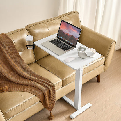 Overbed Table, Mobile Bed Side Table with 4 Hidden Wheels, Height Adjustable Rolling Laptop Desk with Cup Holder, Portable Particleboard Over Bed Desk for Home, Office, Study, White