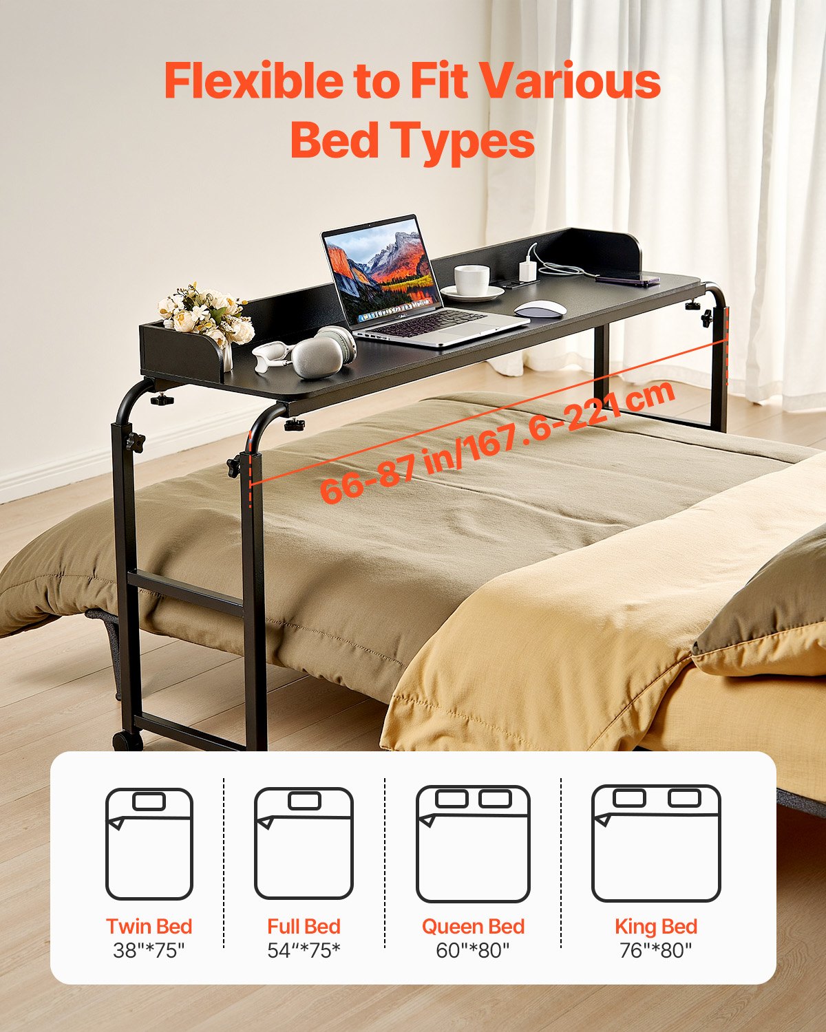 Overbed Table, Mobile Bed Side Table with 4 Wheels (2 with Brakes) and Power Socket, Height Adjustable Rolling Laptop Desk, Portable Particleboard Over Bed Desk for Home, Office, Study, Black