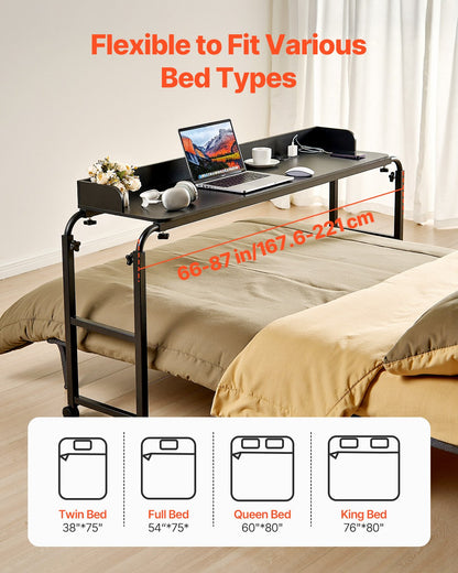 Overbed Table, Mobile Bed Side Table with 4 Wheels (2 with Brakes) and Power Socket, Height Adjustable Rolling Laptop Desk, Portable Particleboard Over Bed Desk for Home, Office, Study, Black