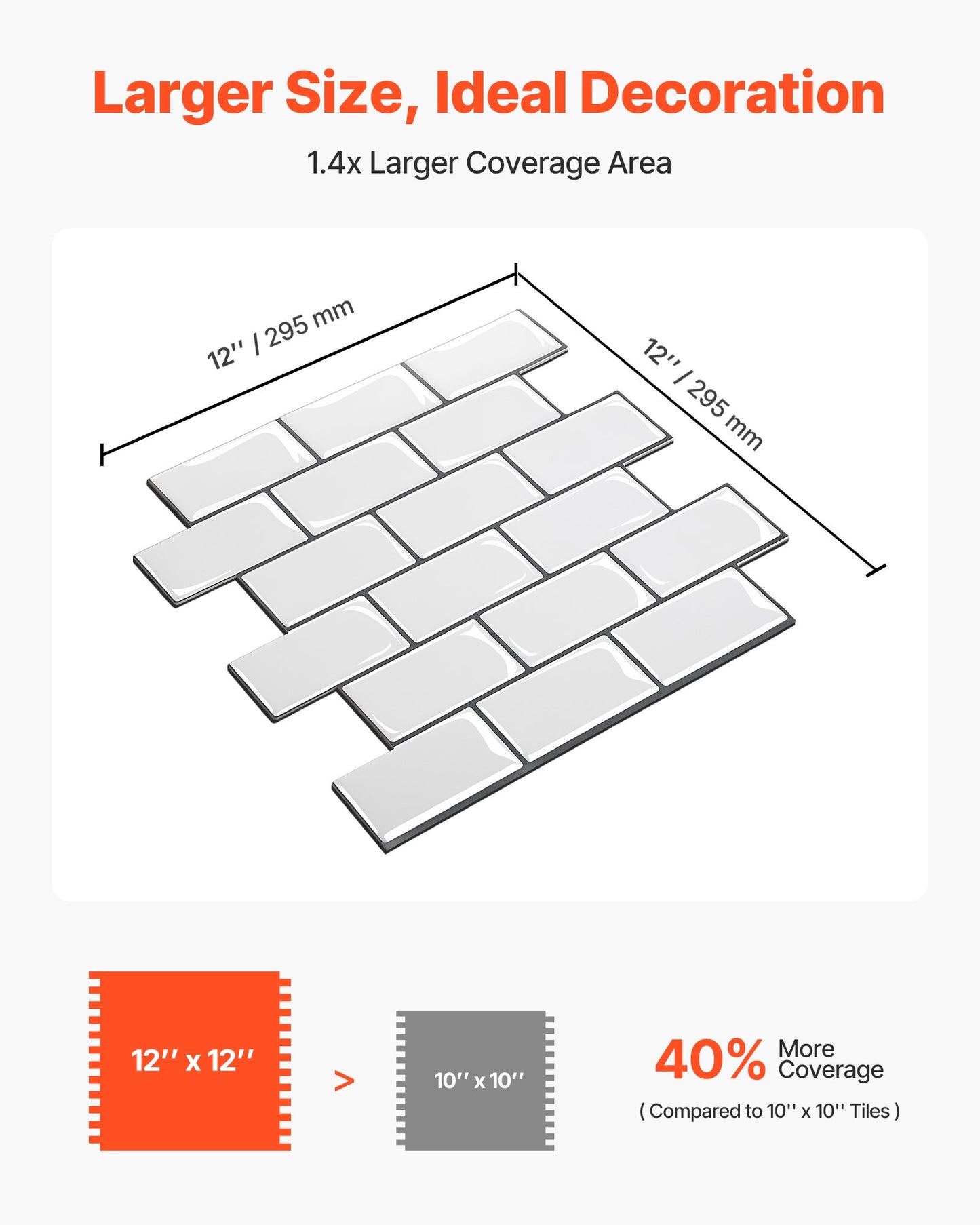 Peel and Stick Backsplash 10-Sheet, 12 x 12 x 0.78 inch / 305 x 305 x 2.0 mm Self-Adhesive Wall Tiles, Stick on Subway Tile Backsplash for Kitchen, 3D Back Splashes for Bathroom, Tile-Look