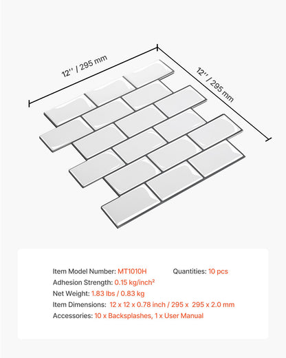 Peel and Stick Backsplash 10-Sheet, 12 x 12 x 0.78 inch / 305 x 305 x 2.0 mm Self-Adhesive Wall Tiles, Stick on Subway Tile Backsplash for Kitchen, 3D Back Splashes for Bathroom, Tile-Look