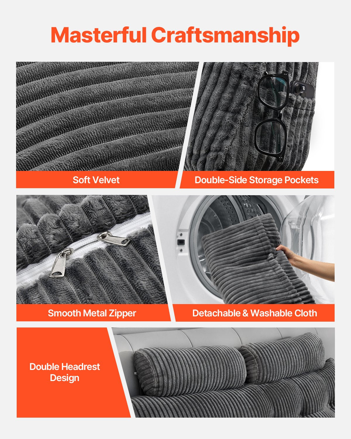 Headboard Pillow, King Size Wedge Headboard Pillow with 2 Side Pockets and 2 Headrests, Bed Wedge Pillow with Washable Flannel Cloth, for Reading, Gaming, Resting, Working in Bed, Grey