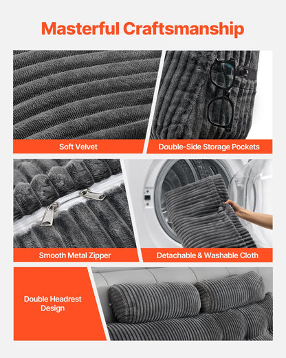 Headboard Pillow, King Size Wedge Headboard Pillow with 2 Side Pockets and 2 Headrests, Bed Wedge Pillow with Washable Flannel Cloth, for Reading, Gaming, Resting, Working in Bed, Grey