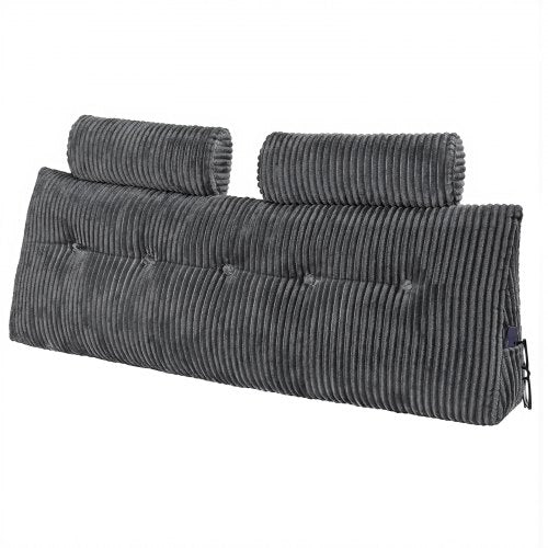 Headboard Pillow, Queen Size Wedge Headboard Pillow with 2 Side Pockets and 2 Headrests, Bed Wedge Pillow with Washable Flannel Cloth, for Reading, Gaming, Resting, Working in Bed, Grey