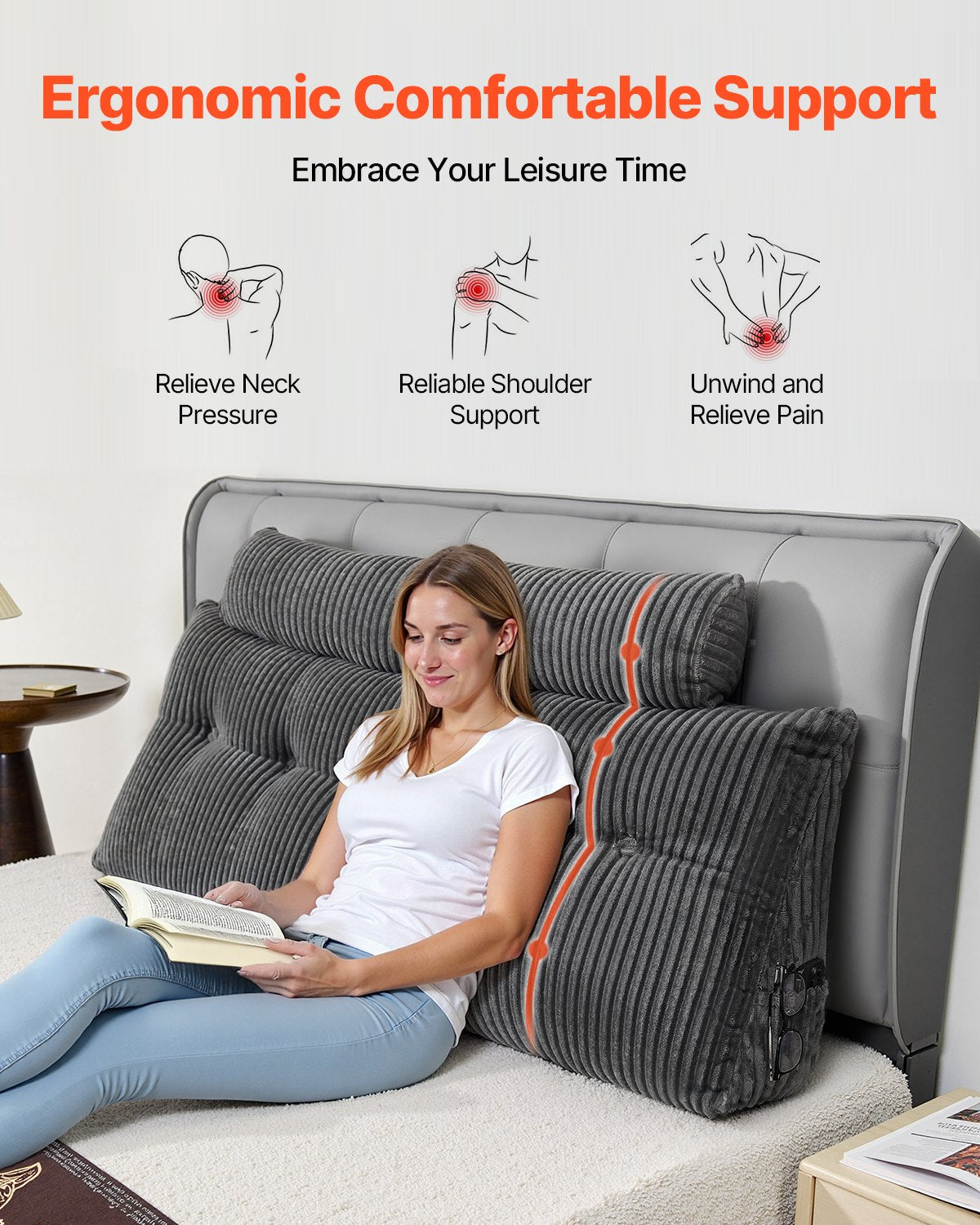Headboard Pillow, Queen Size Wedge Headboard Pillow with 2 Side Pockets and 2 Headrests, Bed Wedge Pillow with Washable Flannel Cloth, for Reading, Gaming, Resting, Working in Bed, Grey
