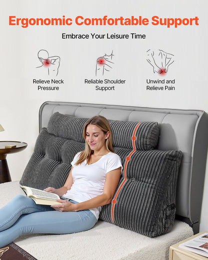 Headboard Pillow, Queen Size Wedge Headboard Pillow with 2 Side Pockets and 2 Headrests, Bed Wedge Pillow with Washable Flannel Cloth, for Reading, Gaming, Resting, Working in Bed, Grey