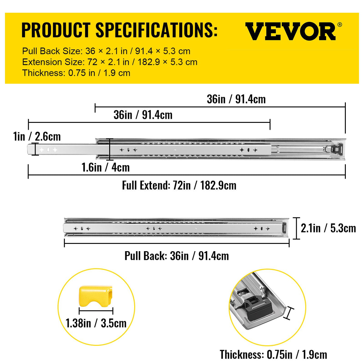Heavy Duty Drawer Slides 2PCS Drawer Slides 36" Locking Drawer Slides 250LBS Capacity Heavy Duty Slides Three Section Full Extension Drawer Slide Cold-Rolled Steel Industrial Drawer Slides