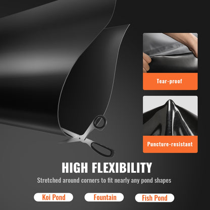 Pond Liner, 15 x 20 ft 45 mil Thickness, Flexible EPDM Material Pond Skin, Easy-to-Cut Underlay for Fish or Koi Ponds, Water Features, Waterfall Base, Fountains, Water Gardens, Black