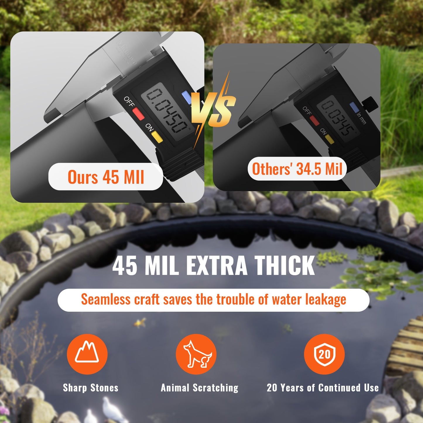 Pond Liner, 30 x 35 ft 45 mil Thickness, Flexible EPDM Material Pond Skin, Easy-to-Cut Underlay for Fish or Koi Ponds, Water Features, Waterfall Base, Fountains, Water Gardens, Black