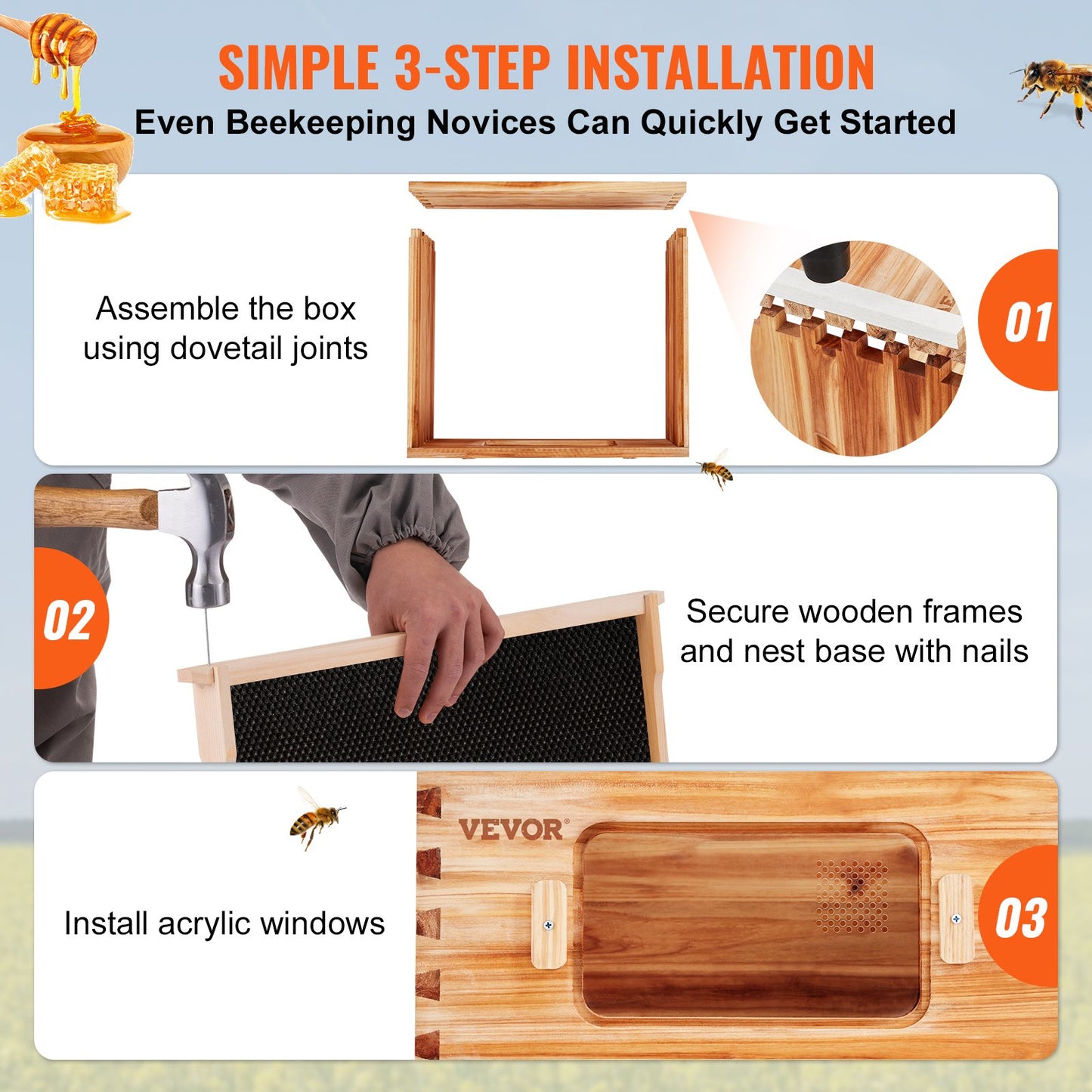 Bee Hive Deep Box Starter Kit, 100% Beeswax Coated Natural Cedar Wood, Langstroth Beehive Kit with 10 Frames and Foundation, Clear Acrylic Beehive Windows for Beginners and Professional Beekeepers
