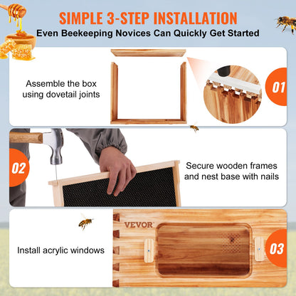 Bee Hive Deep Box Starter Kit, 100% Beeswax Coated Natural Cedar Wood, Langstroth Beehive Kit with 10 Frames and Foundation, Clear Acrylic Beehive Windows for Beginners and Professional Beekeepers