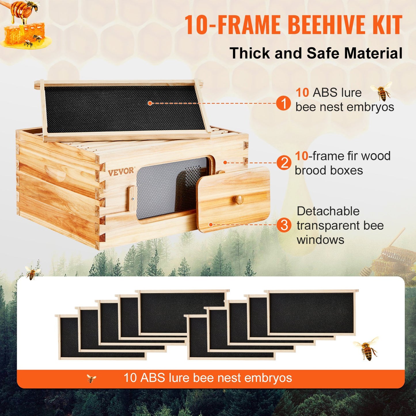 Bee Hive Deep Box Starter Kit, 100% Beeswax Coated Natural Cedar Wood, Langstroth Beehive Kit with 10 Frames and Foundation, Clear Acrylic Beehive Windows for Beginners and Professional Beekeepers
