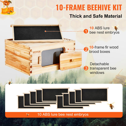 Bee Hive Deep Box Starter Kit, 100% Beeswax Coated Natural Cedar Wood, Langstroth Beehive Kit with 10 Frames and Foundation, Clear Acrylic Beehive Windows for Beginners and Professional Beekeepers
