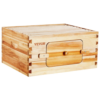 Bee Hive Deep Box Starter Kit, 100% Beeswax Coated Natural Cedar Wood, Langstroth Beehive Kit with 10 Frames and Foundation, Clear Acrylic Beehive Windows for Beginners and Professional Beekeepers