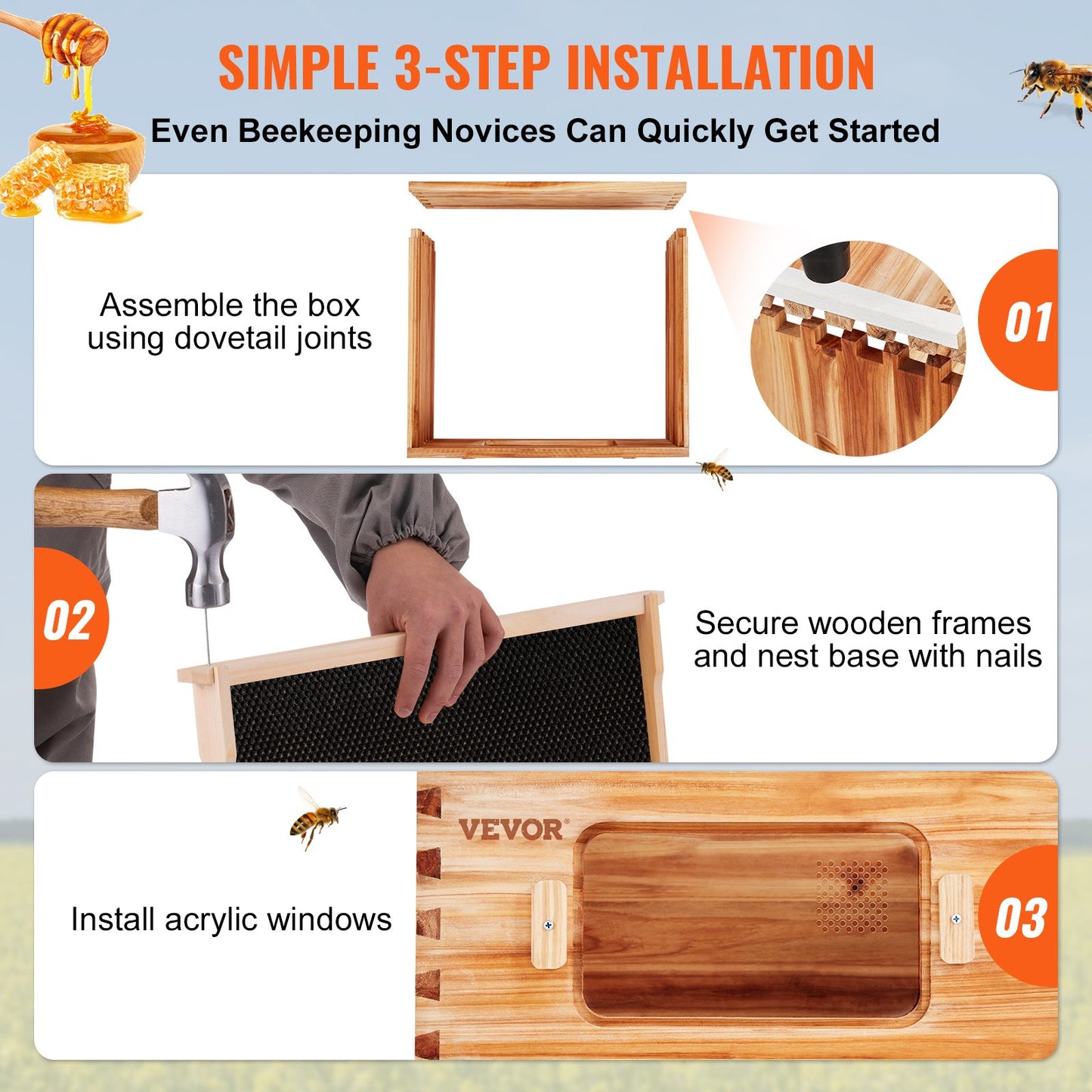 Bee Hive 20 Frame Bee Hives Starter Kit, Beeswax Coated Cedar Wood, 1 Deep + 1 Medium Bee Boxes Langstroth Beehive Kit, Clear Acrylic Windows with Foundation for Beginners Pro Beekeepers