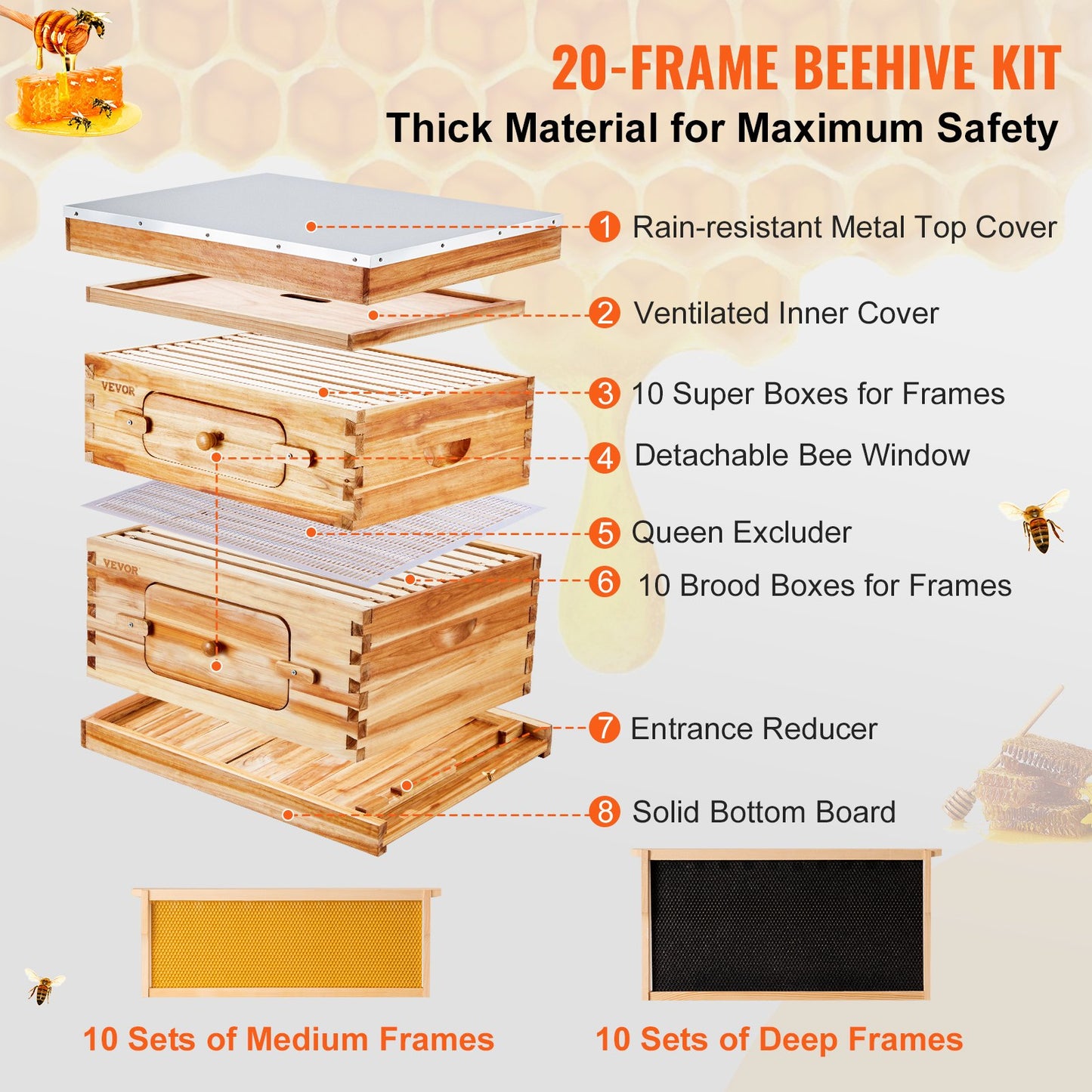 Bee Hive 20 Frame Bee Hives Starter Kit, Beeswax Coated Cedar Wood, 1 Deep + 1 Medium Bee Boxes Langstroth Beehive Kit, Clear Acrylic Windows with Foundation for Beginners Pro Beekeepers
