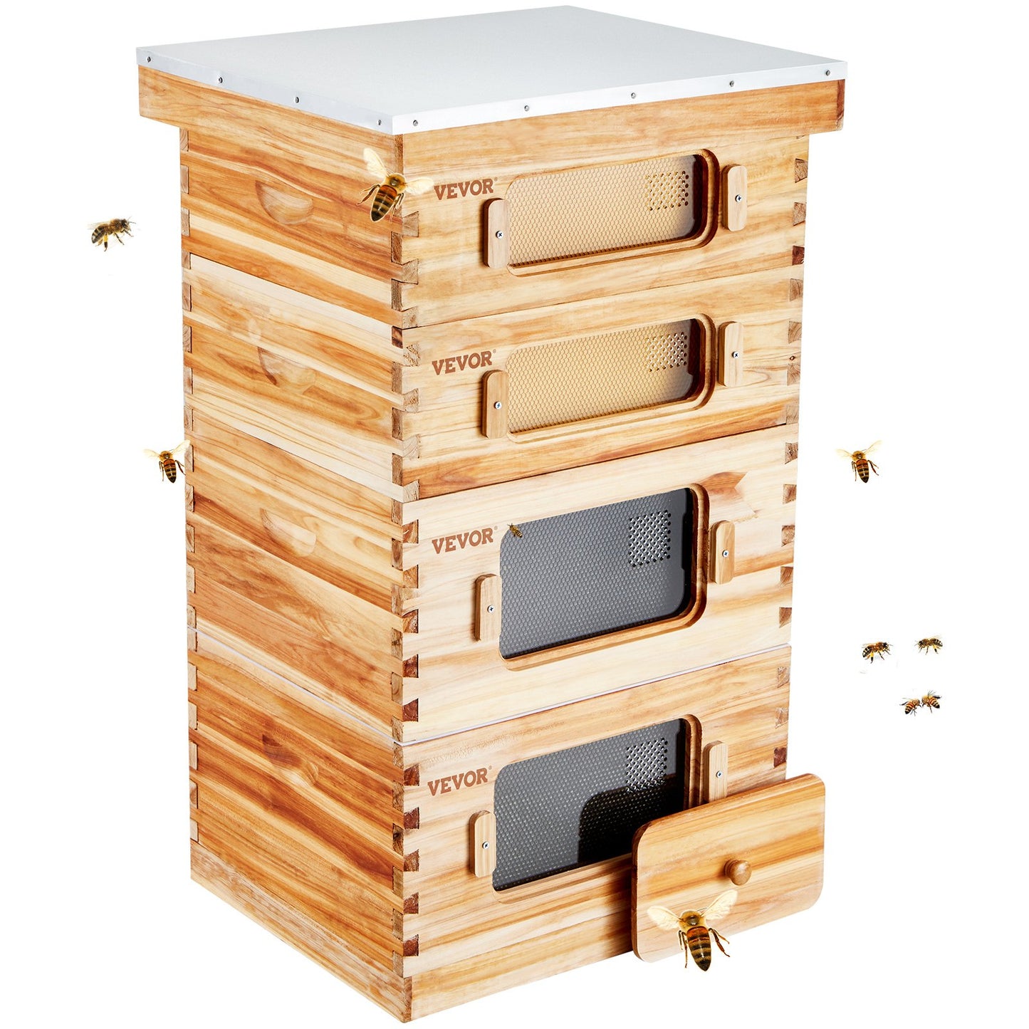 Bee Hive 40 Frame Bee Hives Starter Kit, Beeswax Coated Cedar Wood, 2 Deep + 2 Medium Bee Boxes Langstroth Beehive Kit, Clear Acrylic Windows with Foundation for Beginners Pro Beekeepers