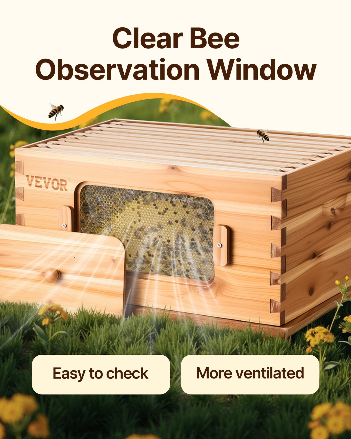 Bee Hive 40 Frame Bee Hives Starter Kit, Beeswax Coated Fir Wood, 2 Deep + 2 Medium Bee Boxes Langstroth Beehive Kit, Transparent Acrylic Windows with Foundations for Beginners Pro Beekeepers