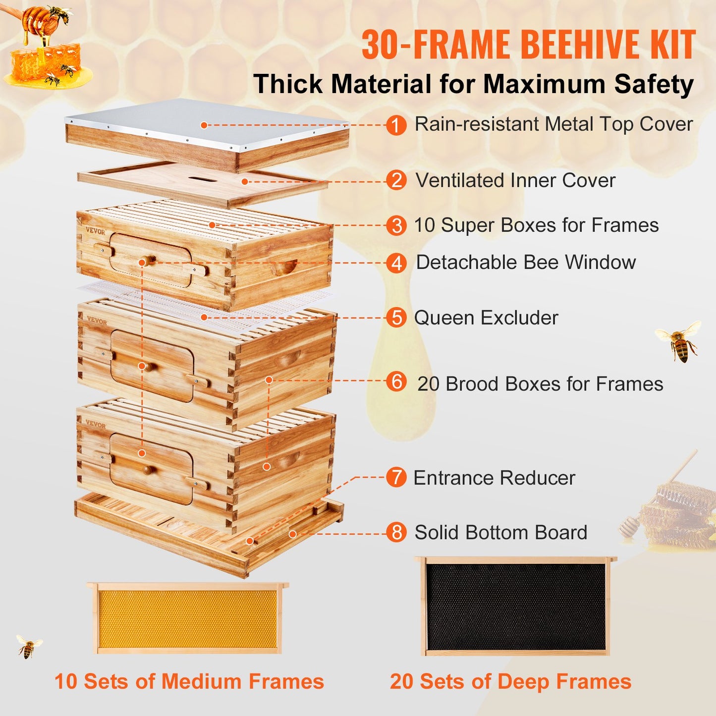 Bee Hive 30 Frame Bee Hives Starter Kit, Beeswax Coated Spruce, 2 Deep + 1 Medium Bee Boxes Langstroth Beehive Kit, Clear Acrylic Windows with Foundation for Beginners Pro Beekeepers