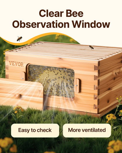 Bee Hive 30 Frame Bee Hives Starter Kit, Beeswax Coated Fir Wood, 2 Deep + 1 Medium Bee Boxes Langstroth Beehive Kit, Transparent Acrylic Windows with Foundations for Beginners Pro Beekeepers