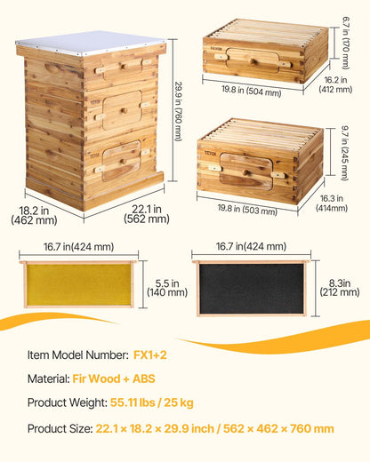 Bee Hive 30 Frame Bee Hives Starter Kit, Beeswax Coated Fir Wood, 2 Deep + 1 Medium Bee Boxes Langstroth Beehive Kit, Transparent Acrylic Windows with Foundations for Beginners Pro Beekeepers