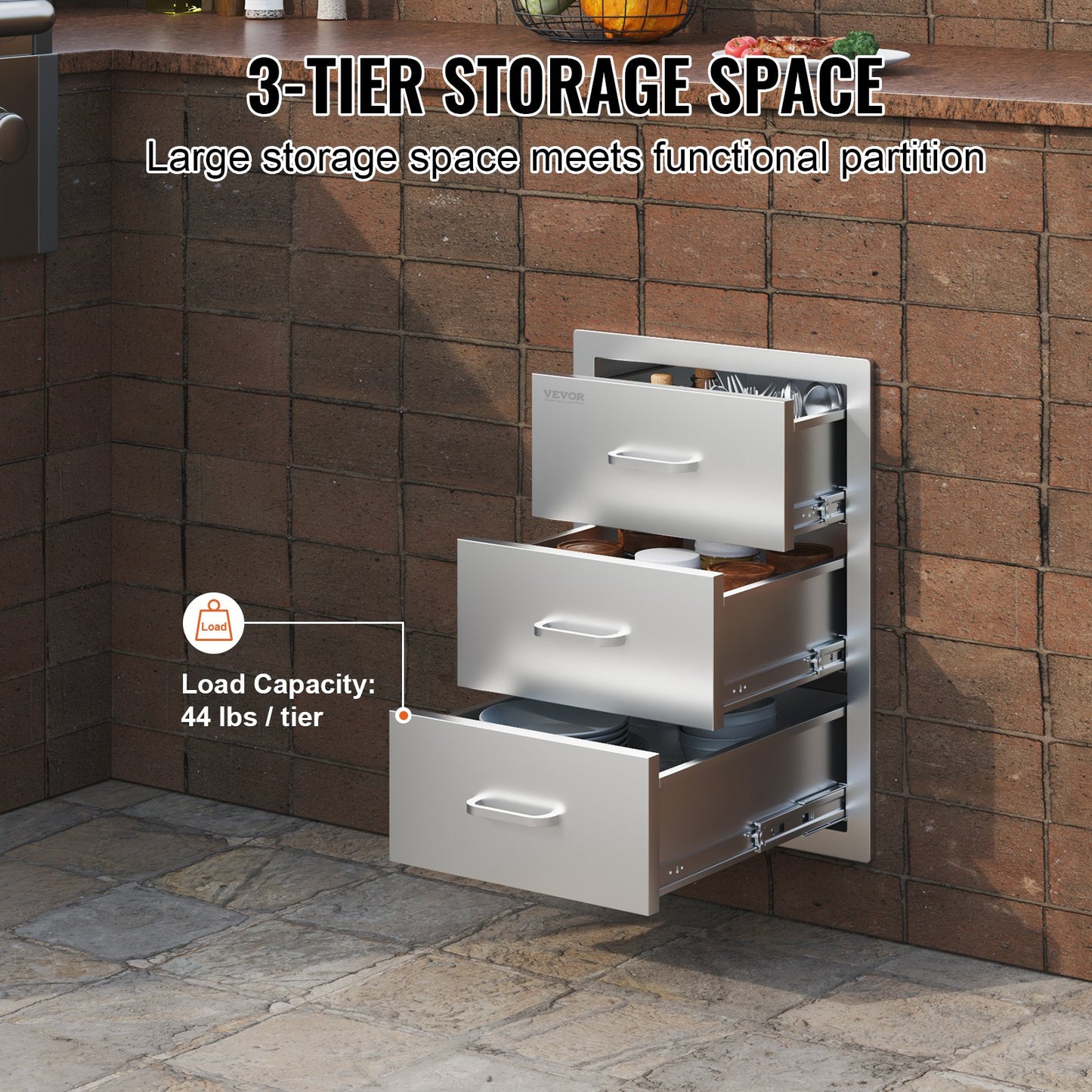 Outdoor Kitchen Drawers 16" W x 21.5" H x 18" D, Flush Mount Triple Access BBQ Drawers with Stainless Steel Handle, BBQ Island Drawers for Outdoor Kitchens or BBQ Island Patio Grill Station