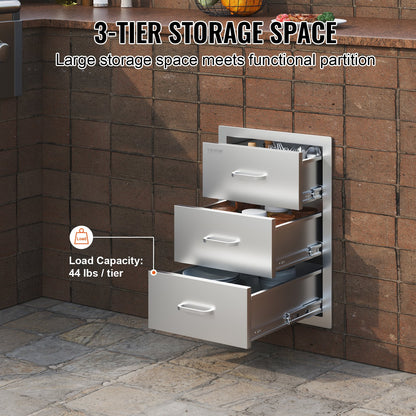 Outdoor Kitchen Drawers 16" W x 21.5" H x 18" D, Flush Mount Triple Access BBQ Drawers with Stainless Steel Handle, BBQ Island Drawers for Outdoor Kitchens or BBQ Island Patio Grill Station