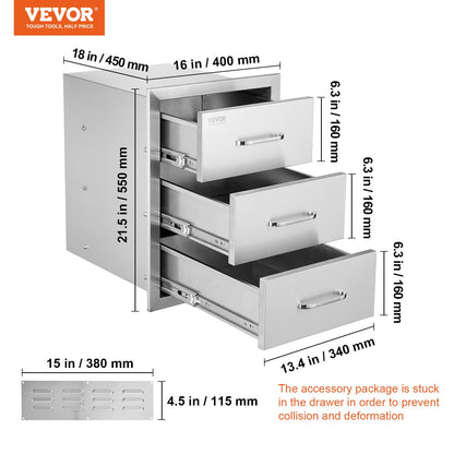 Outdoor Kitchen Drawers 16" W x 21.5" H x 18" D, Flush Mount Triple Access BBQ Drawers with Stainless Steel Handle, BBQ Island Drawers for Outdoor Kitchens or BBQ Island Patio Grill Station
