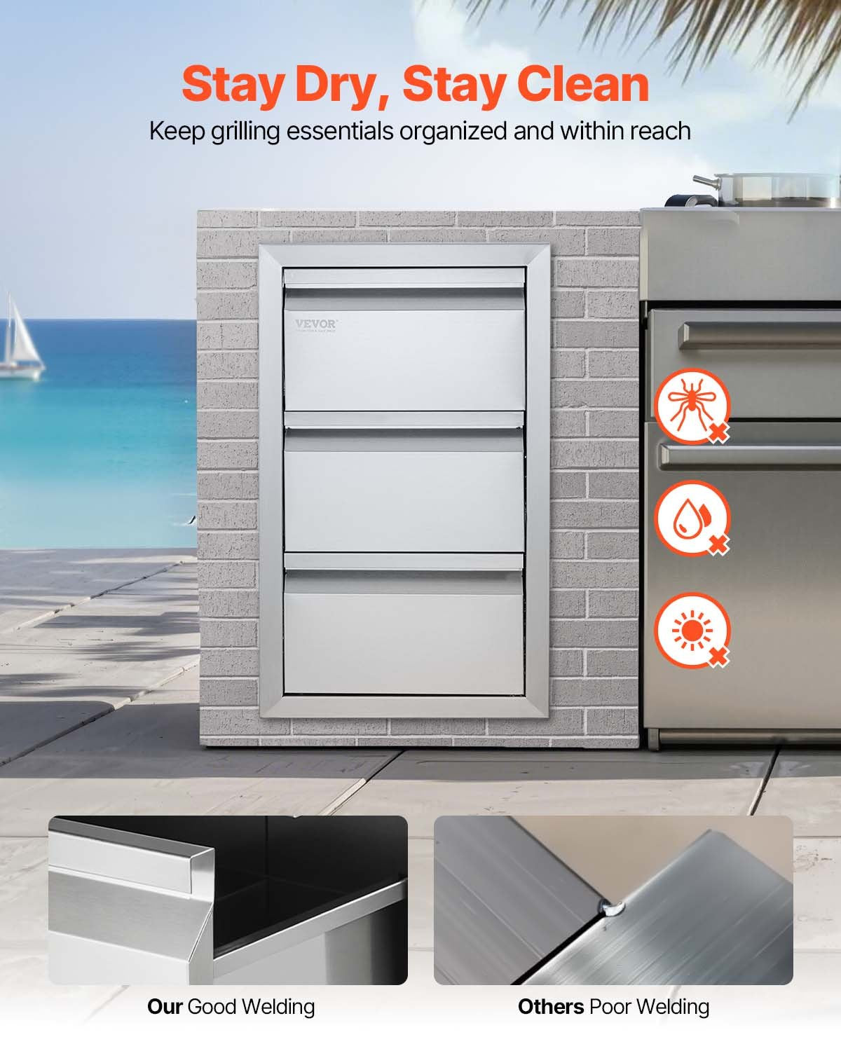 Outdoor Kitchen Drawers 15" W x 25.4" H x 19" D, Box Frame Style Flush Mount BBQ Drawers with Stainless Steel Handle, BBQ Island Drawers for Outdoor Kitchens or Patio Grill Station