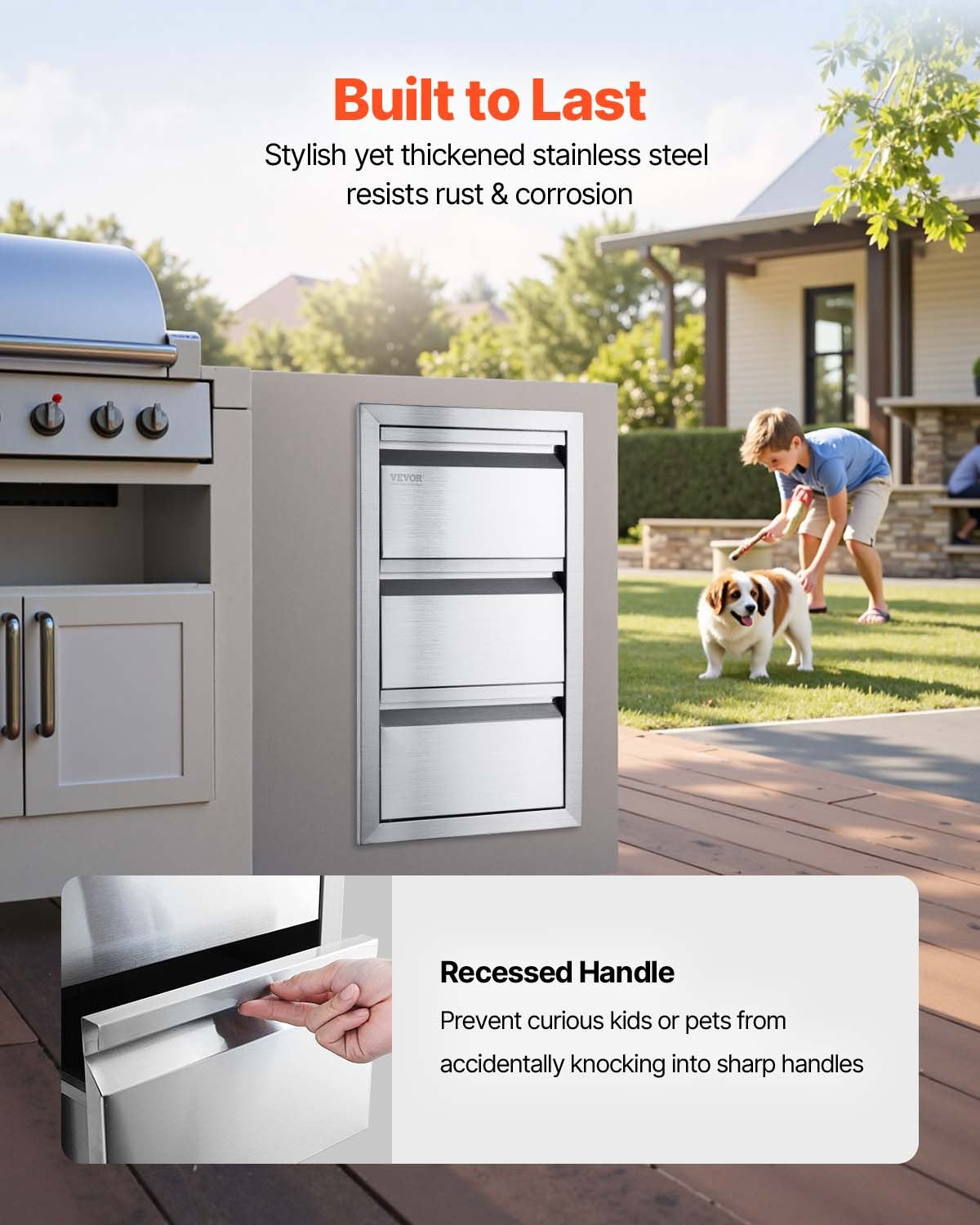 Outdoor Kitchen Drawers 15" W x 25.4" H x 19" D, Box Frame Style Flush Mount BBQ Drawers with Stainless Steel Handle, BBQ Island Drawers for Outdoor Kitchens or Patio Grill Station