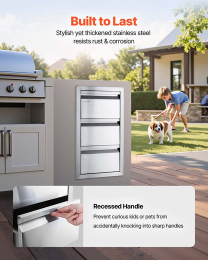 Outdoor Kitchen Drawers 15" W x 25.4" H x 19" D, Box Frame Style Flush Mount BBQ Drawers with Stainless Steel Handle, BBQ Island Drawers for Outdoor Kitchens or Patio Grill Station