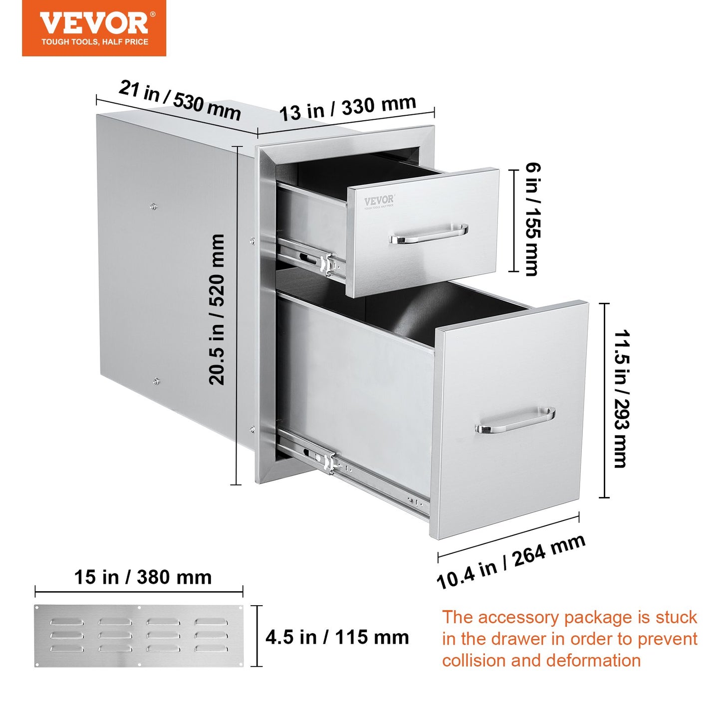 Outdoor Kitchen Drawers 13" W x 20.4" H x 20.8" D, Flush Mount Double BBQ Access Drawers with Stainless Steel Handle, BBQ Island Drawers for Outdoor Kitchens or Patio Grill Station