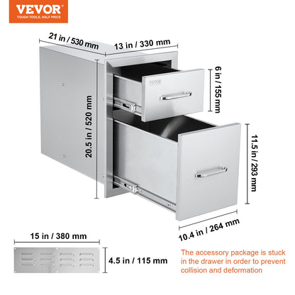 Outdoor Kitchen Drawers 13" W x 20.4" H x 20.8" D, Flush Mount Double BBQ Access Drawers with Stainless Steel Handle, BBQ Island Drawers for Outdoor Kitchens or Patio Grill Station