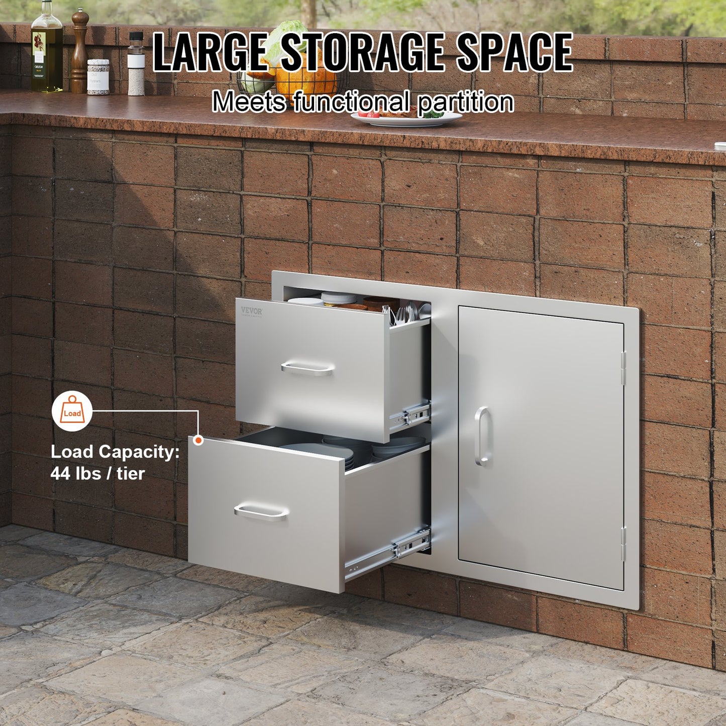 Outdoor Kitchen Door Drawer Combo 32.5" W x 21.6" H x 20.5''D, Access Door/Double Drawers with Paper Towel Rack, BBQ Island Drawers with Stainless Steel Handles for Outdoor Kitchen