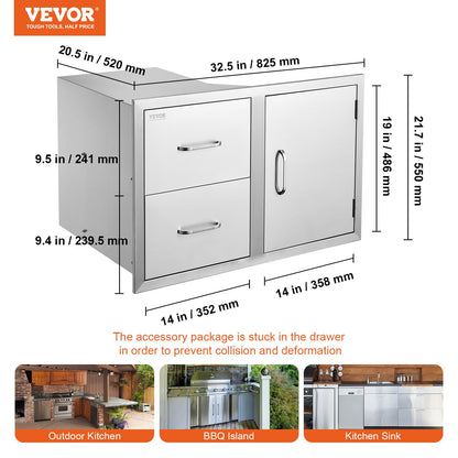 Outdoor Kitchen Door Drawer Combo 32.5" W x 21.6" H x 20.5''D, Access Door/Double Drawers with Paper Towel Rack, BBQ Island Drawers with Stainless Steel Handles for Outdoor Kitchen