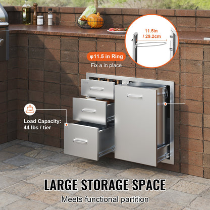 Outdoor Kitchen Door Drawer Combo 29.5" W x 22.6" H x 21.7''D, Access Door/Triple Drawers with Propane Drawer and Adjustable Garbage Ring, Perfect for BBQ Island Patio Grill Station