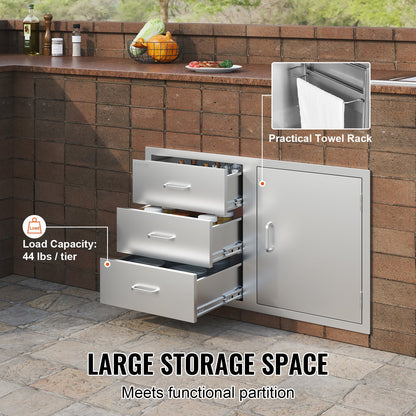 Outdoor Kitchen Door Drawer Combo 38.1''W x 22.6''H x 20.8''D, BBQ Access Door/Triple Drawers Combo with Stainless Steel Handles, Perfect for BBQ Island Patio Grill Station