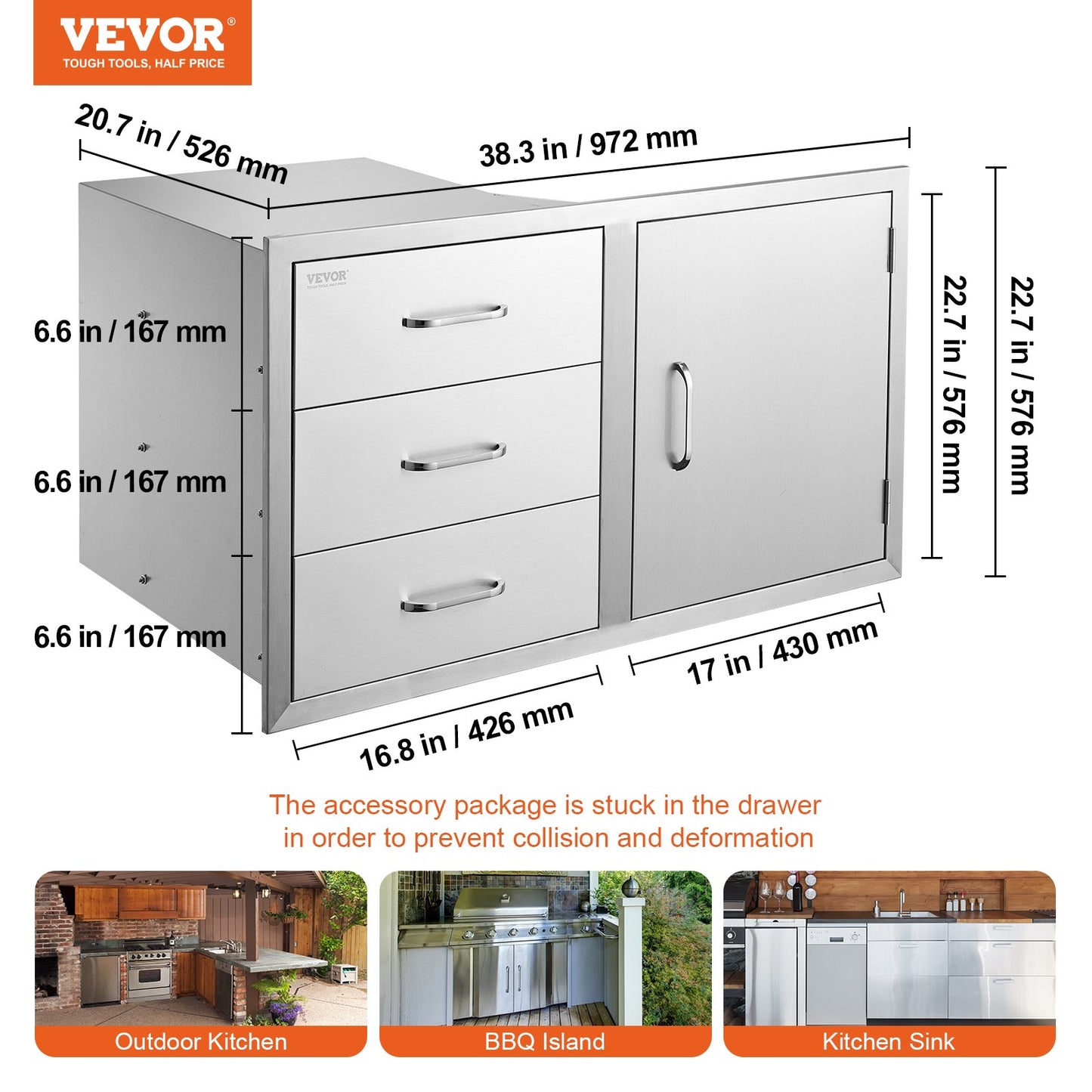 Outdoor Kitchen Door Drawer Combo 38.1''W x 22.6''H x 20.8''D, BBQ Access Door/Triple Drawers Combo with Stainless Steel Handles, Perfect for BBQ Island Patio Grill Station