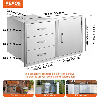 Outdoor Kitchen Door Drawer Combo 38.1''W x 22.6''H x 20.8''D, BBQ Access Door/Triple Drawers Combo with Stainless Steel Handles, Perfect for BBQ Island Patio Grill Station