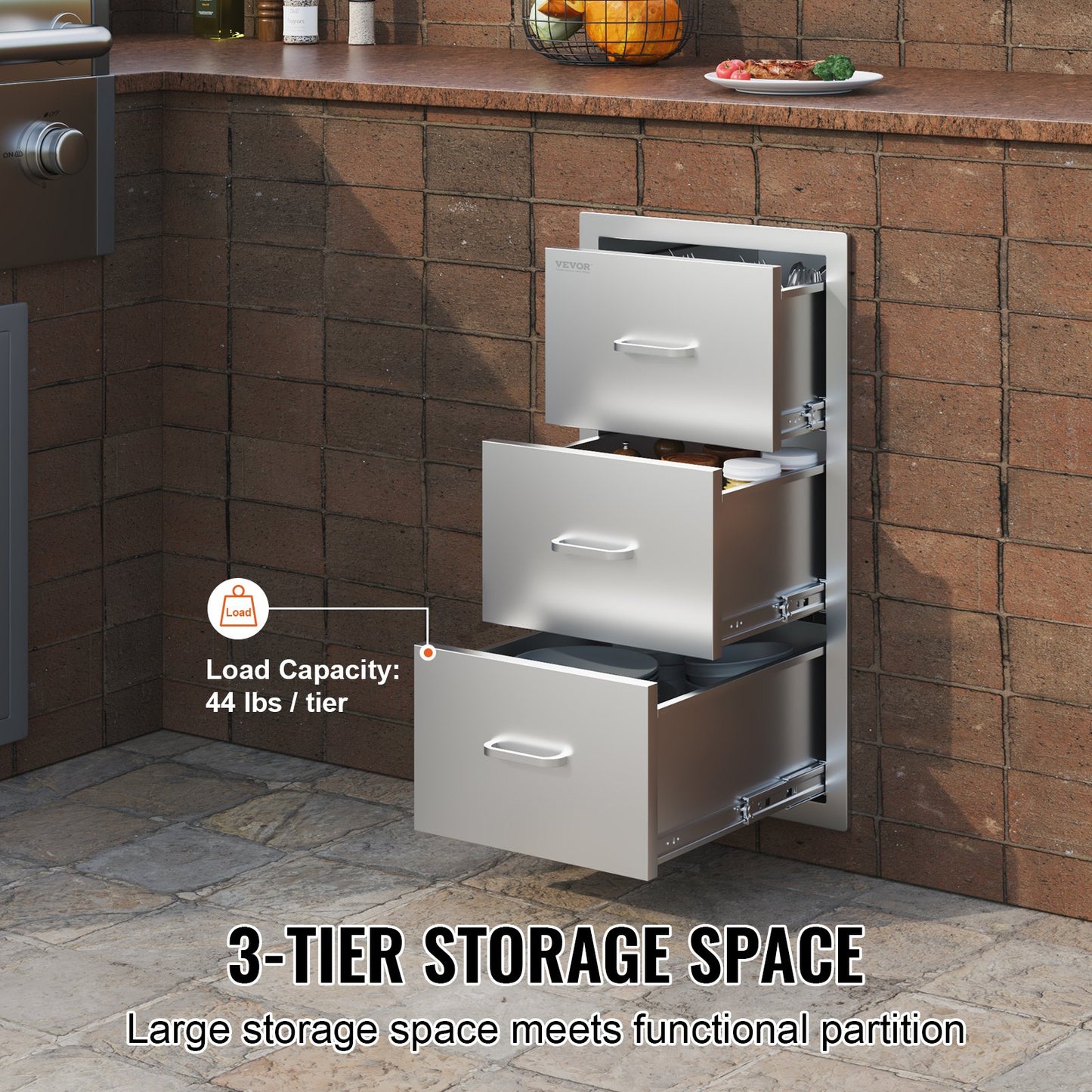 Outdoor Kitchen Drawers 16" W x 28.5" H x 20.5" D, Flush Mount Triple Access BBQ Drawers Stainless Steel with Handle, BBQ Island Drawers for Outdoor Kitchens or Patio Grill Station