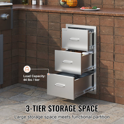 Outdoor Kitchen Drawers 16" W x 28.5" H x 20.5" D, Flush Mount Triple Access BBQ Drawers Stainless Steel with Handle, BBQ Island Drawers for Outdoor Kitchens or Patio Grill Station