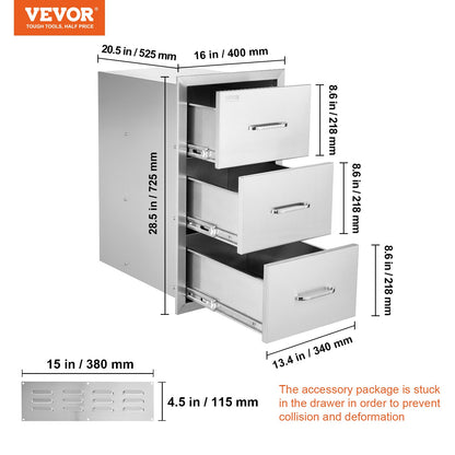 Outdoor Kitchen Drawers 16" W x 28.5" H x 20.5" D, Flush Mount Triple Access BBQ Drawers Stainless Steel with Handle, BBQ Island Drawers for Outdoor Kitchens or Patio Grill Station