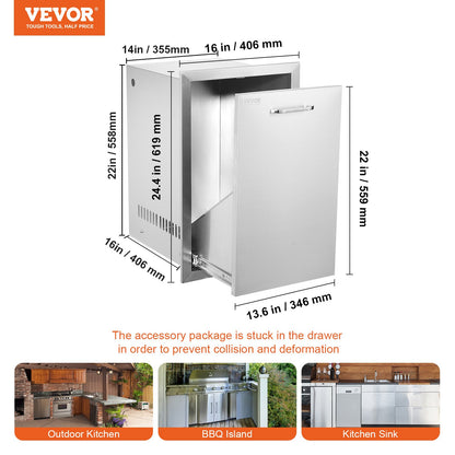 Outdoor Kitchen Propane Tank Drawer 16Wx24.4Hx16D Inch Stainless Steel Pull Out Trash Drawer with Handle for Outdoor Kitchen BBQ Island