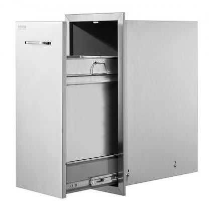 Pull Out Trash Drawer 13.6Wx26Hx19.3D Inch Lower Sliding Rails Stainless Steel Roll Out Trash Bin Pull Out Tray Outdoor Kitchen Trash Drawer with Handle for BBQ Island Grill Station No Trash Can