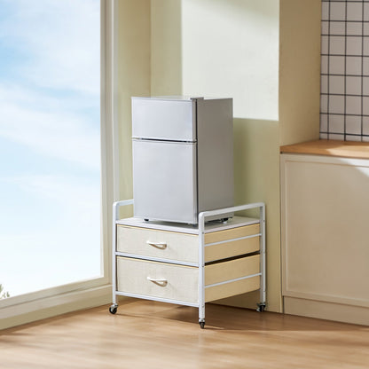 Mini Fridge Stand with Storage, 176 lb-Capacity Mini Fridge Table with 2 Drawers & 4 Swivel Wheels, Mobile Mini Fridge Shelf, White Mini Fridge Organizer for Dorm, Apartment, Office, Bedroom