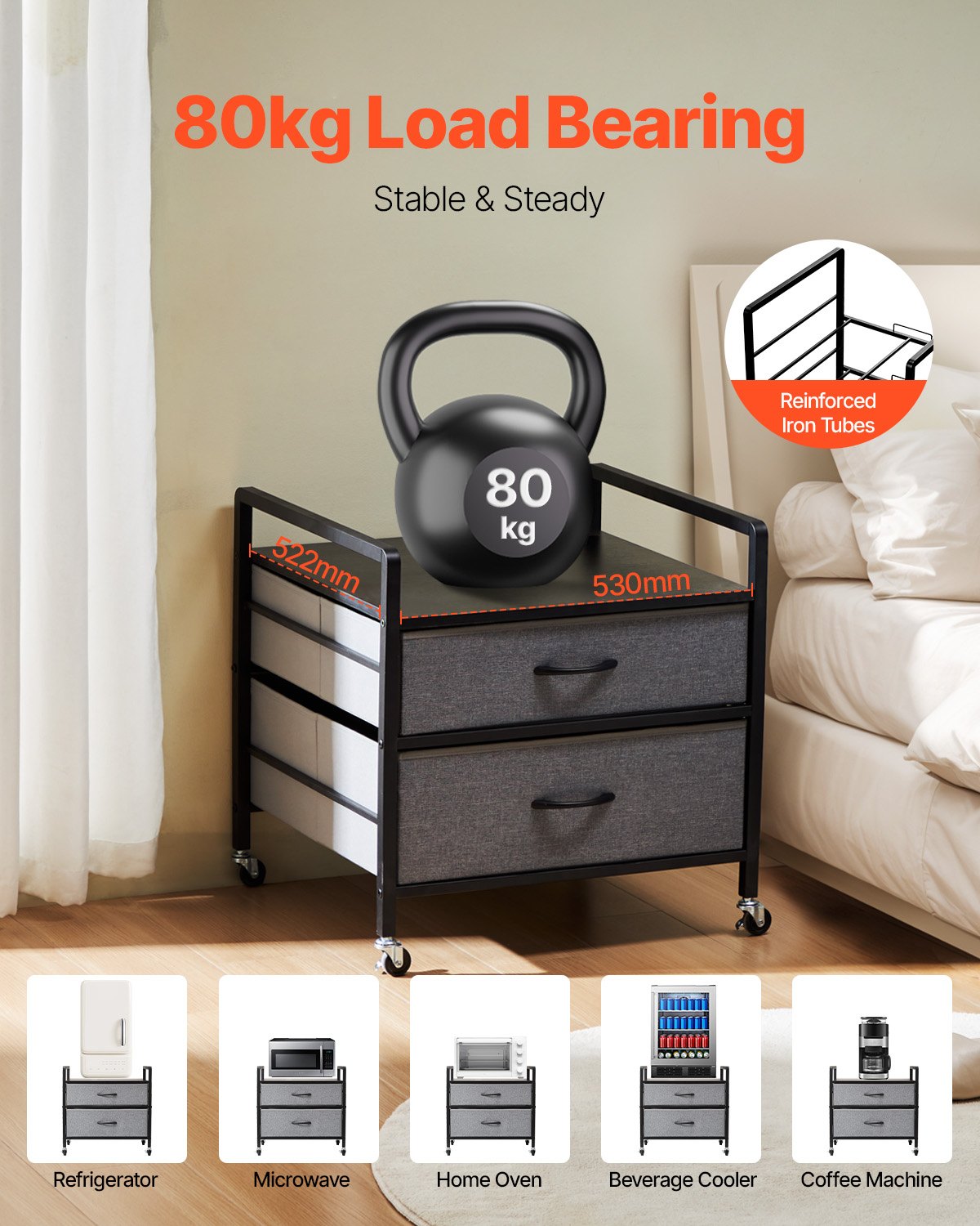 Mini-Kühlschrankständer mit Stauraum, 80 kg, Grau, Mini-Kühlschranktisch, 2 Schubladen