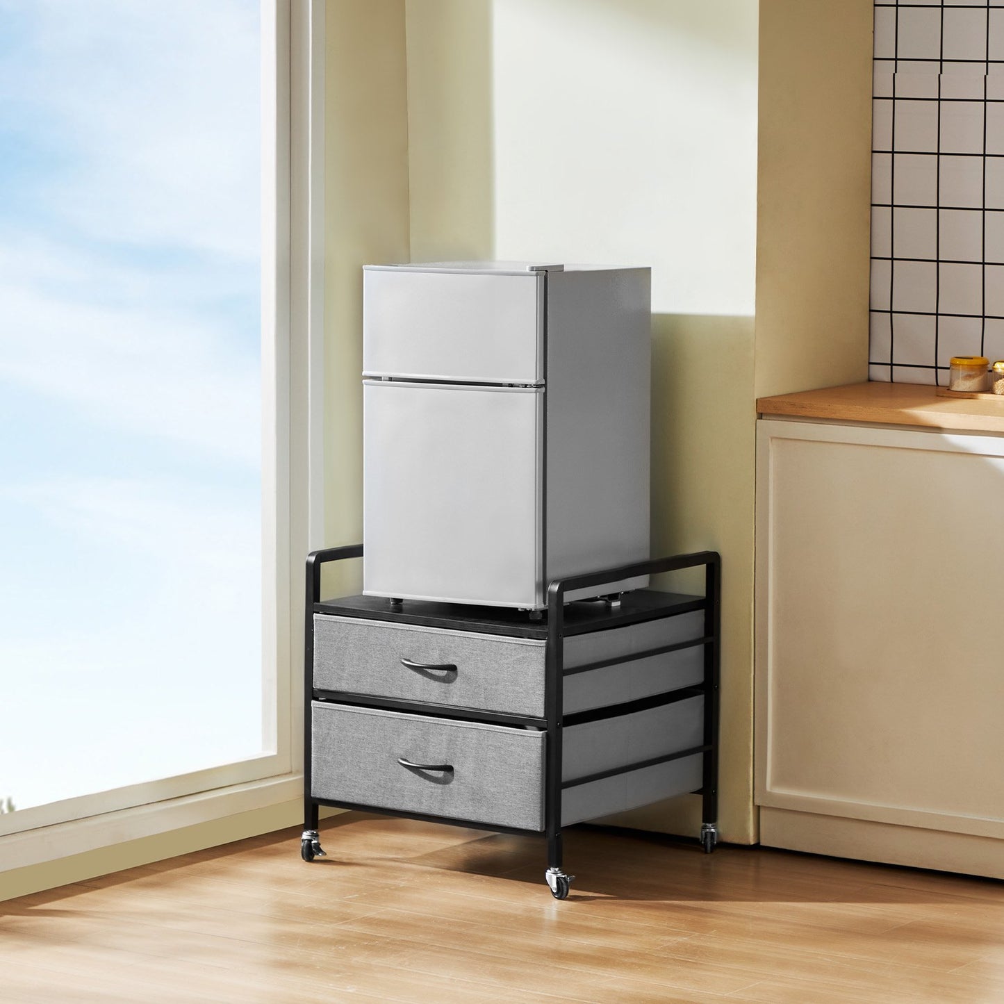 Mini Fridge Stand with Storage, 176 lb-Capacity Mini Fridge Table with 2 Drawers & 4 Swivel Wheels, Mobile Mini Fridge Shelf, Gray Mini Fridge Organizer for Dorm, Apartment, Office, Bedroom